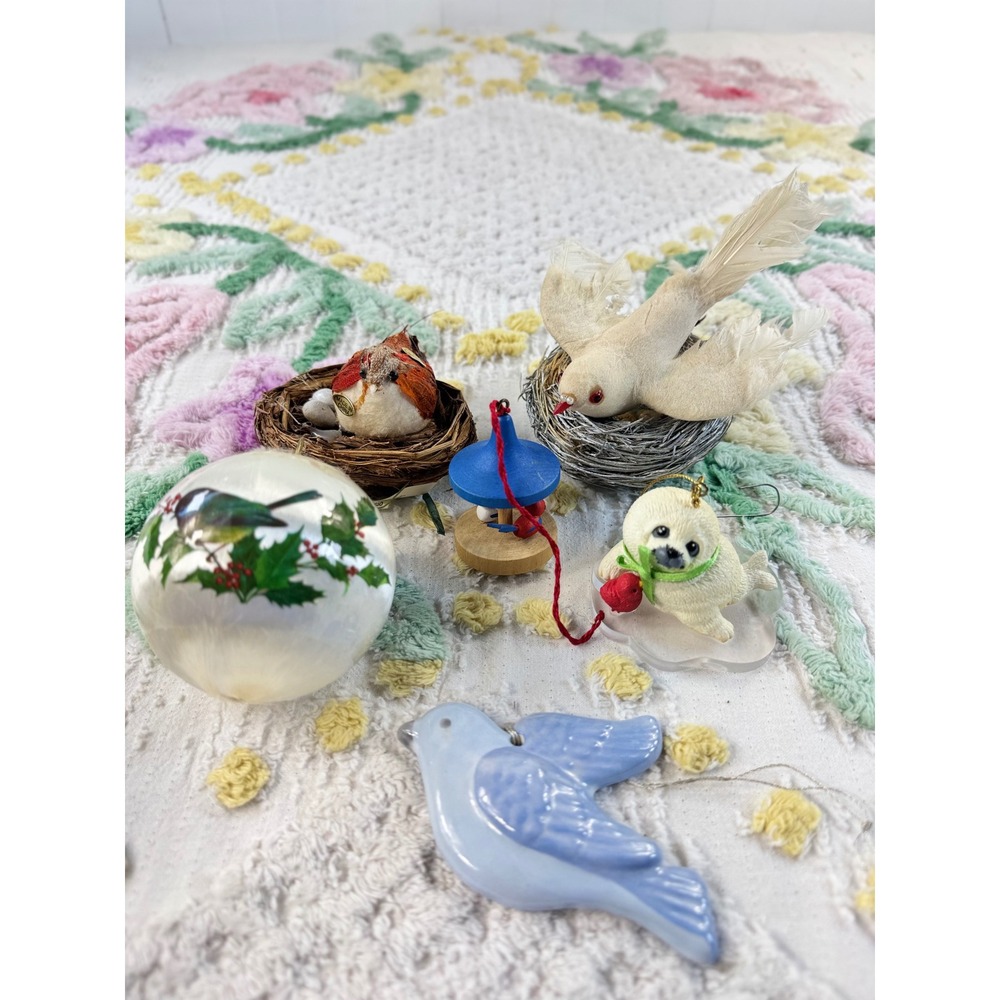 Vintage Christmas Ornament Lot 6 Bird Theme Feathered Nests Wood Seal Bluebird